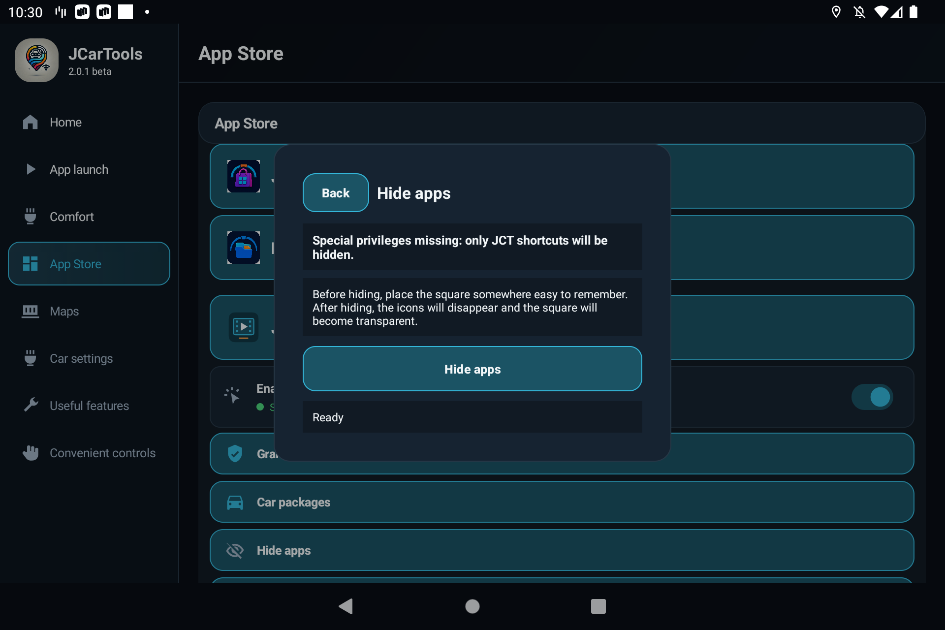 JCarTools Hide apps screen without special privileges: only JCT shortcuts will be hidden